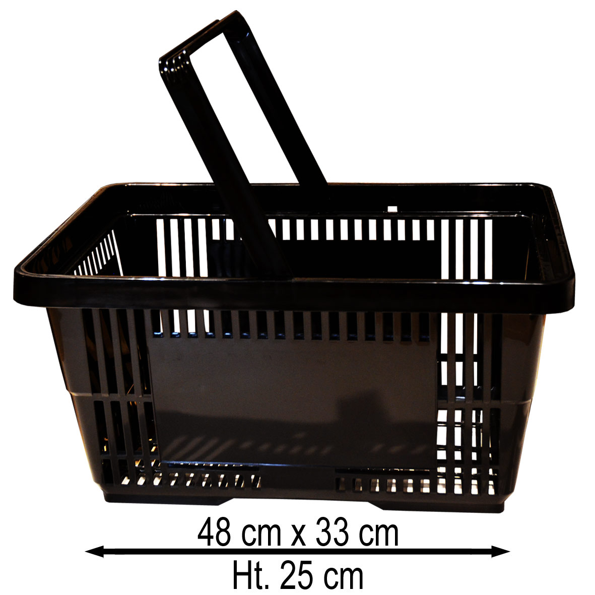 Panier plastique noir empilable libre-service en magasin avec anse  rabattable 48 x 33 x 25 cm